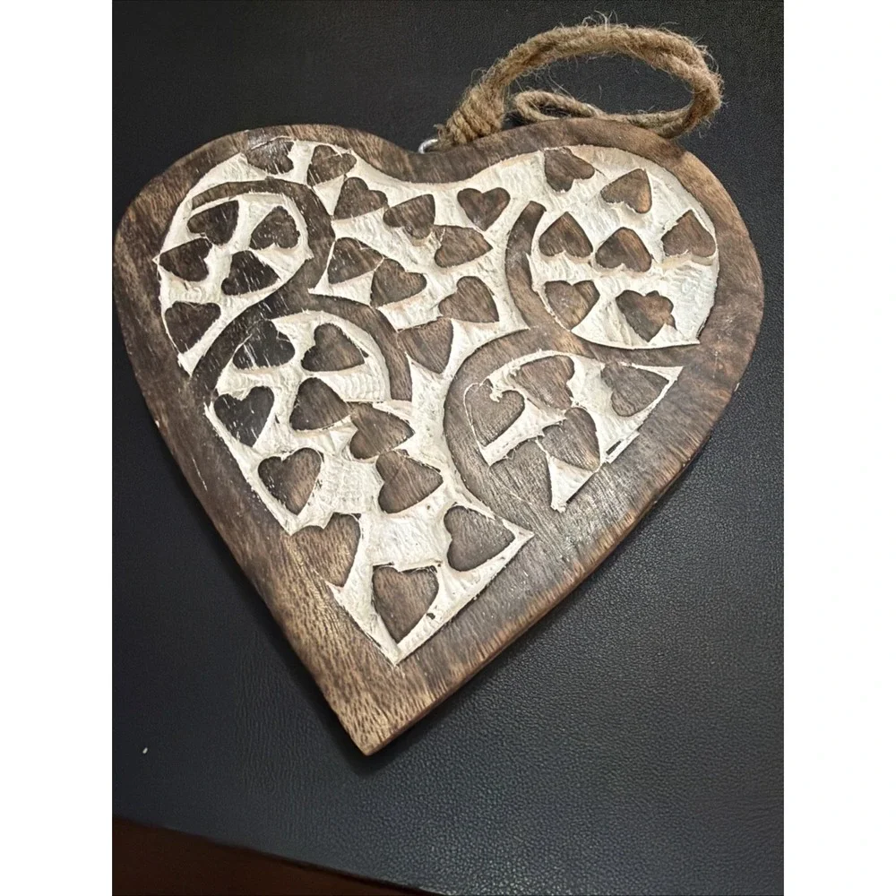 Hand Carved Mango Wood Hanging Heart Wall Art